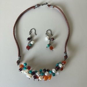 Choker Beaded Necklace with Leather Band and Matching Earrings.